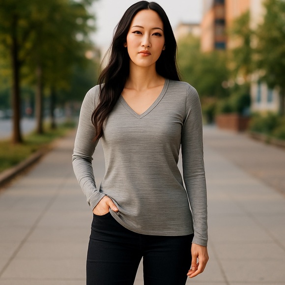 Abercrombie & Fitch Sweaters - Abercrombie & Fitch ‎ Gray V-Neck Long Sleeve Pullover Women Size L #288